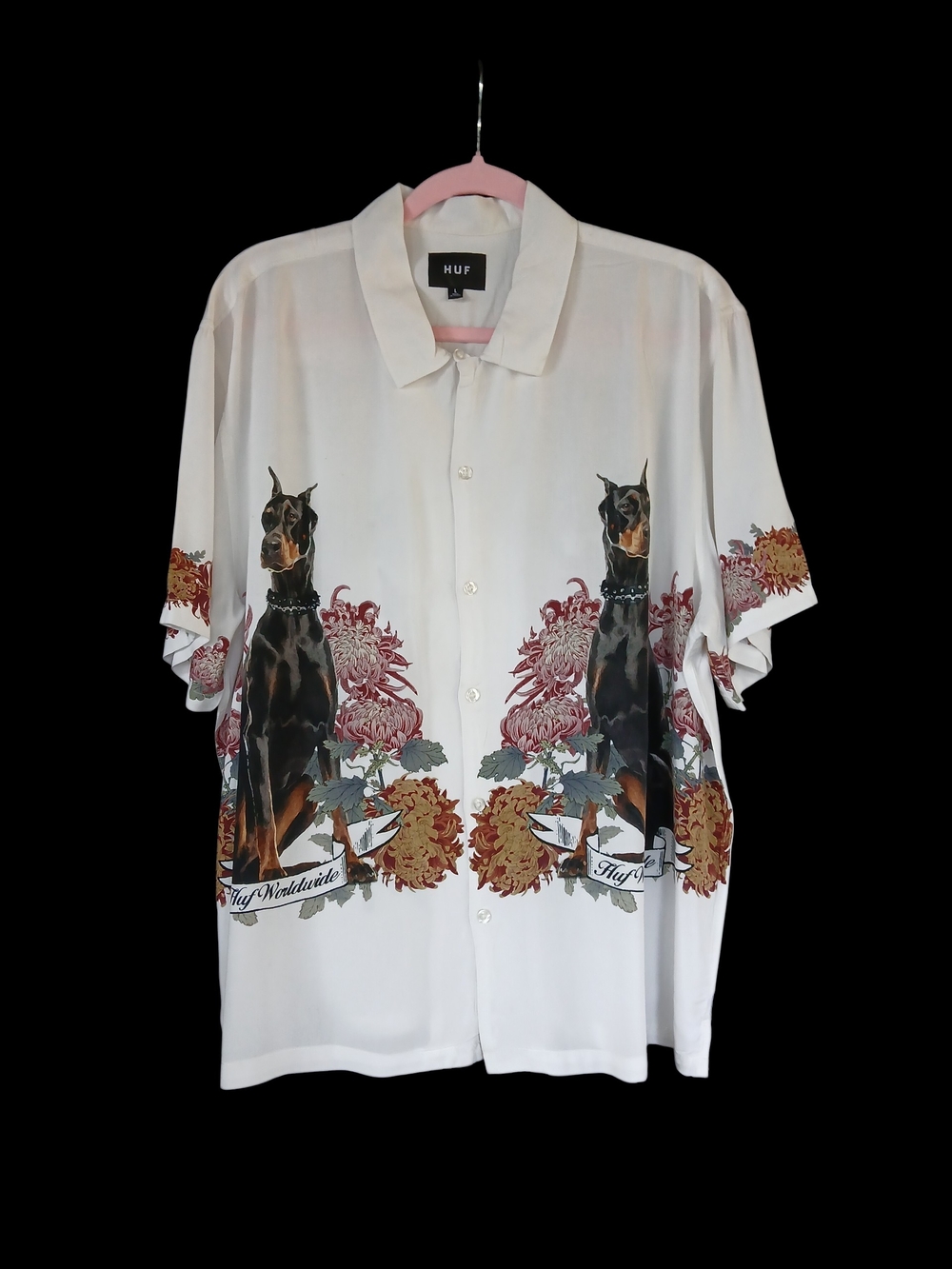 HUF White Doberman & Floral Short-Sleeve Button-Down Shirt